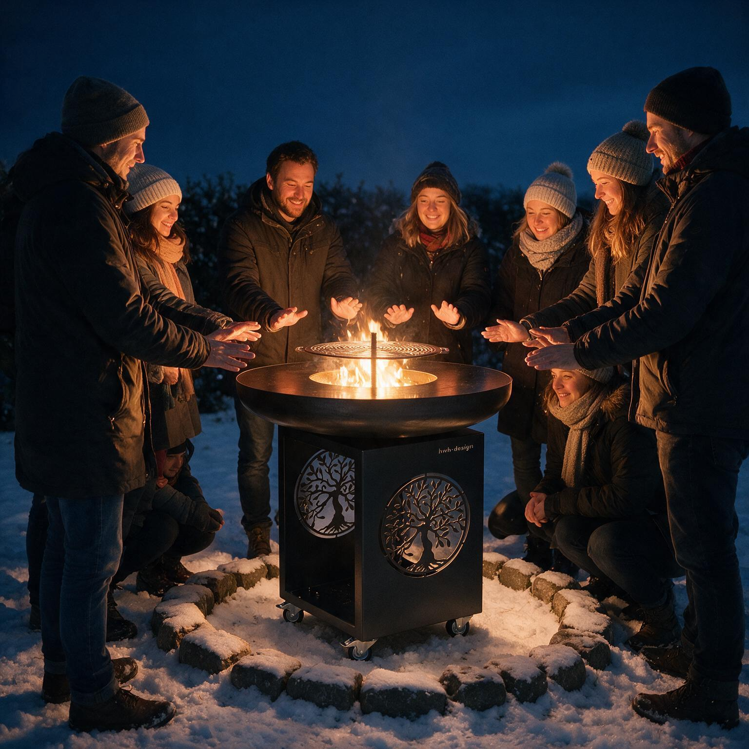 utilisation d'un braséro en soirée d'hiver